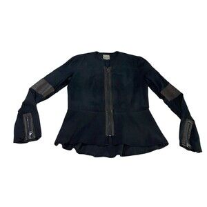 Vintage 100% Silk Go By Go Silk Caper Jacket 8 Leather Trim Peplum Elbow Patched